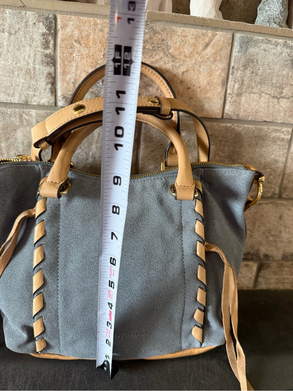 Aimee Kestenberg Blue Denim Canvas Shoulder Bag with Tan Leather Trim - Picture 2 of 8